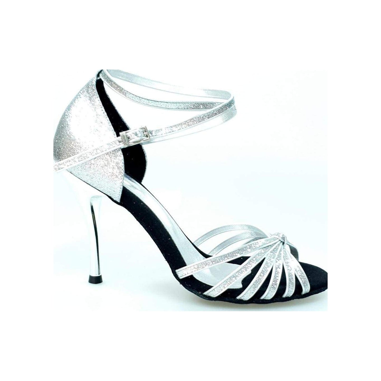 Scarpa da ballo Wishdance Pepa 210/6 in glitter argento con tacco stiletto laminato e fascette decorate.