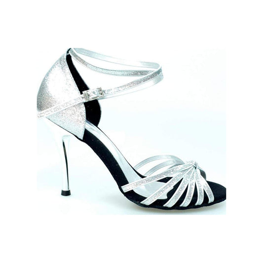 Scarpa da ballo Wishdance Pepa 210/6 in glitter argento con tacco stiletto laminato e fascette decorate.