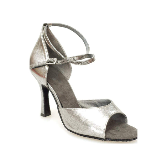 Scarpa in pelle satinata color canna di fucile con tacco a rocchettino, design elegante e femminile.