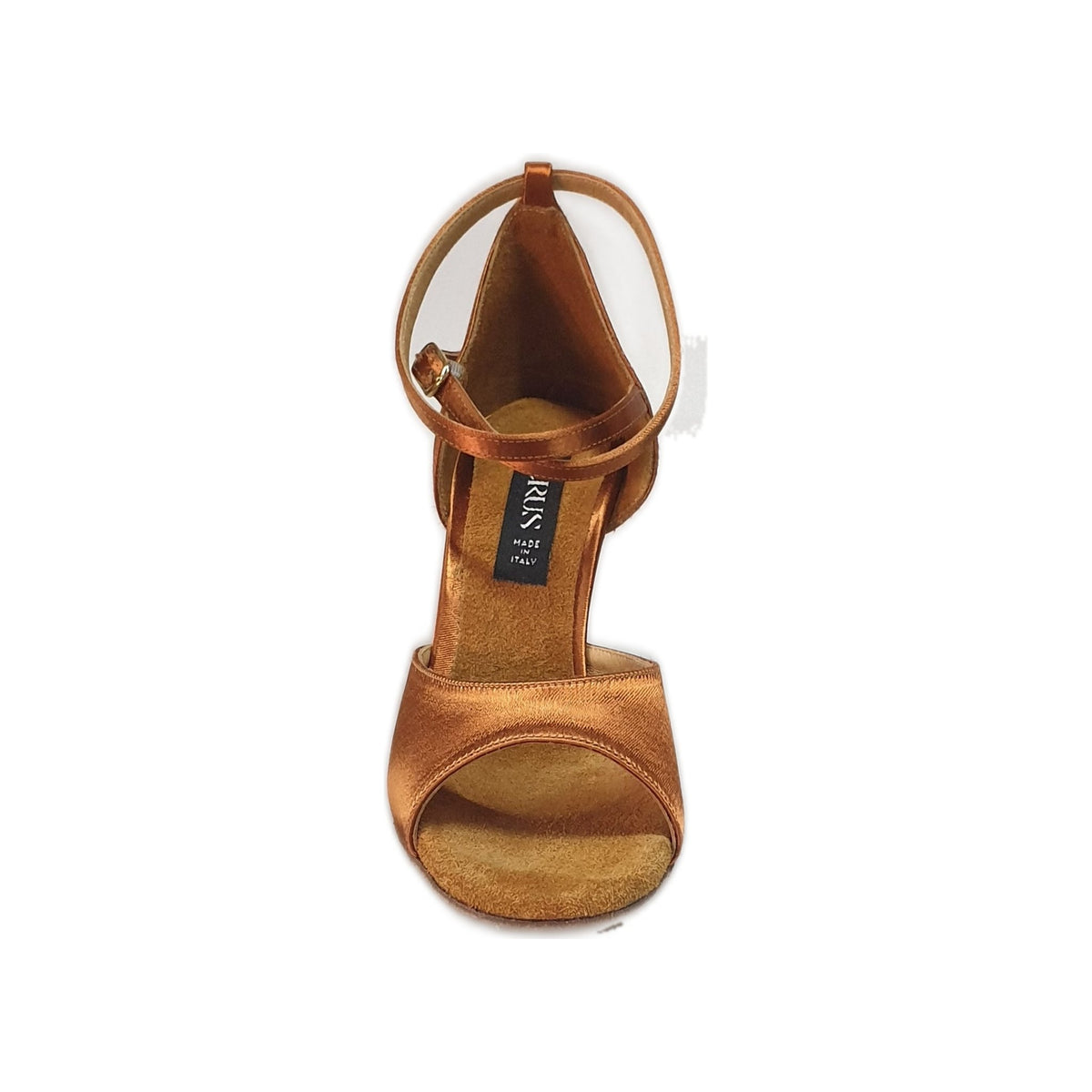 Scarpa in raso bronzo 304H con tacco a rocchetto, stile elegante e sofisticato, con dettagli lucidi e design raffinato.