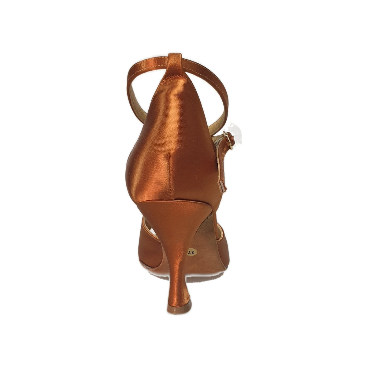 Scarpa in raso bronzo 304H con tacco a rocchetto, modello di Outlet, dettagli eleganti e finitura lucida.