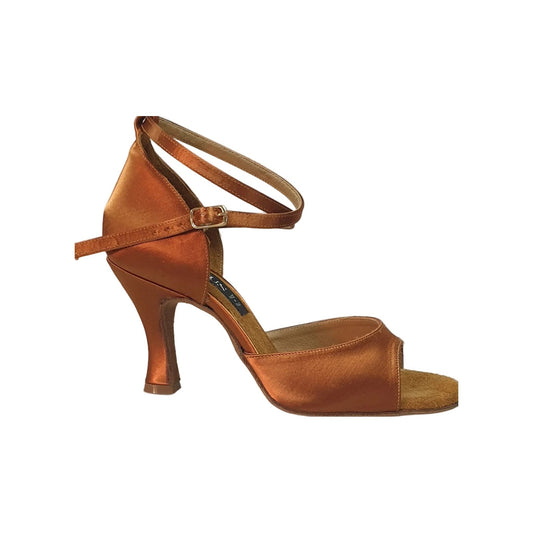 Scarpa in raso bronzo Outlet con tacco a rocchetto, elegante e lucida, perfetta per occasioni speciali.
