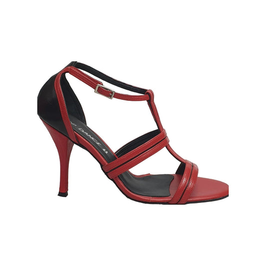 Sandalo in pelle rossa Outlet con inserto in pelle nera sul tallone, scarpa estiva elegante e comoda.