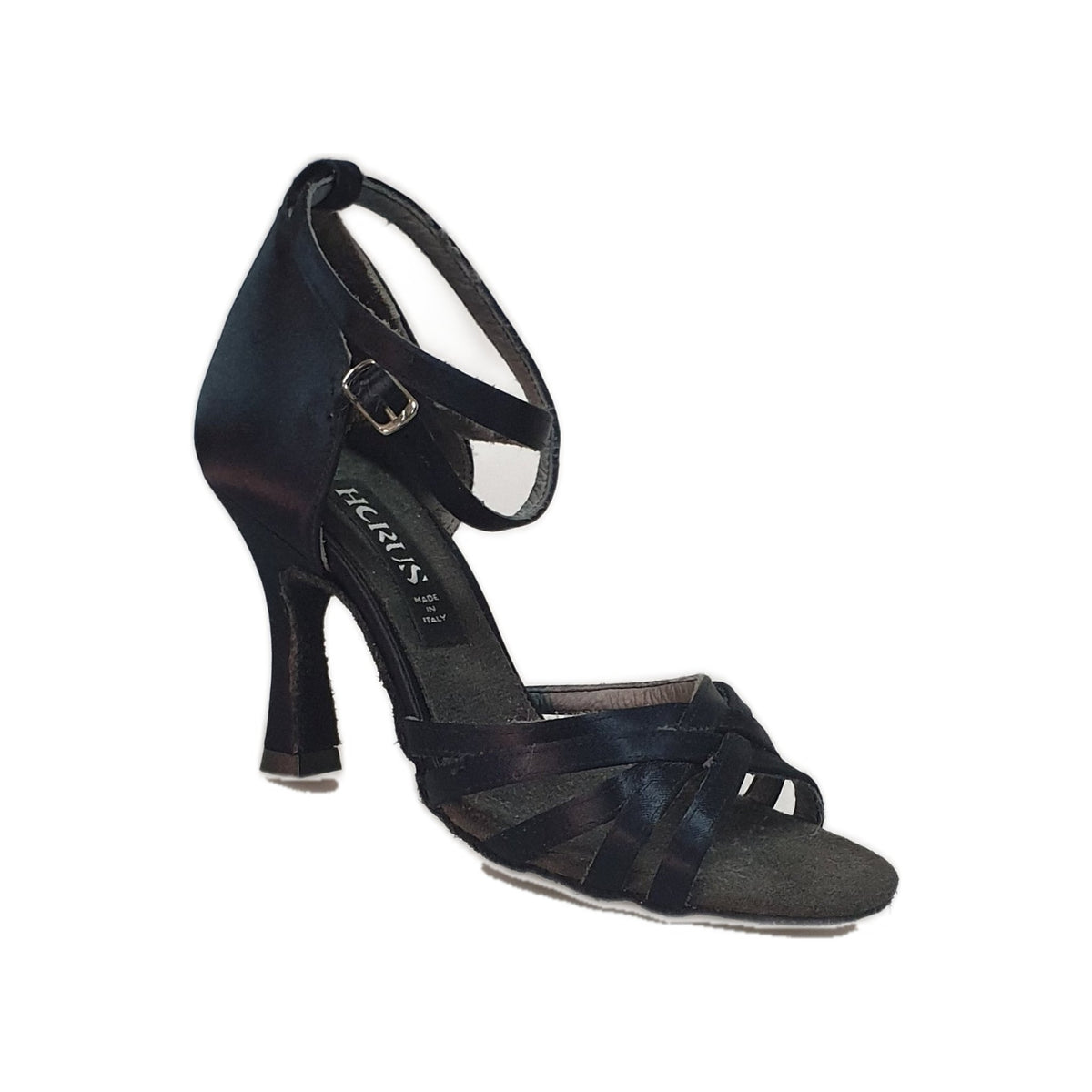 Scarpa Outlet 314H in raso nero senza rete con strisce e tacco a rocchetto, dettaglio elegante e raffinato.