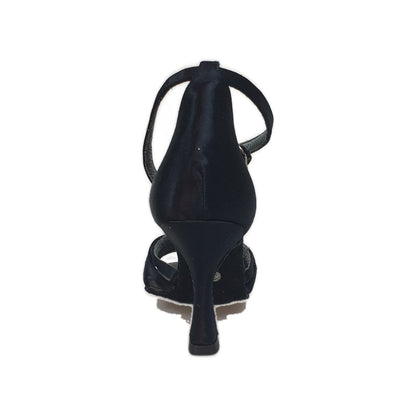 Scarpa Outlet 314H in raso nero senza rete con strisce e tacco a rocchetto, vista frontale e dettagli del design elegante.