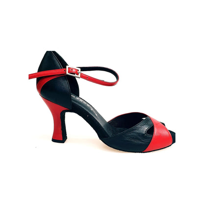 Scarpa da donna Ely QA 32QA in pelle rossa e nera con tacco rocchetto, stile elegante e raffinato, vista laterale.