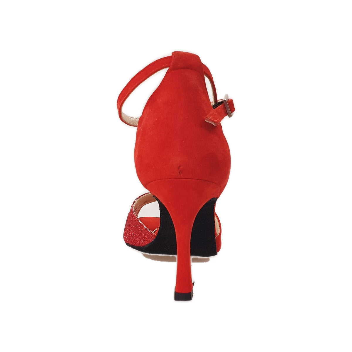 Scarpa in camoscio rosso e glitter rosso, modello 32QB (B), con suola bianca e design elegante, brand Outlet.