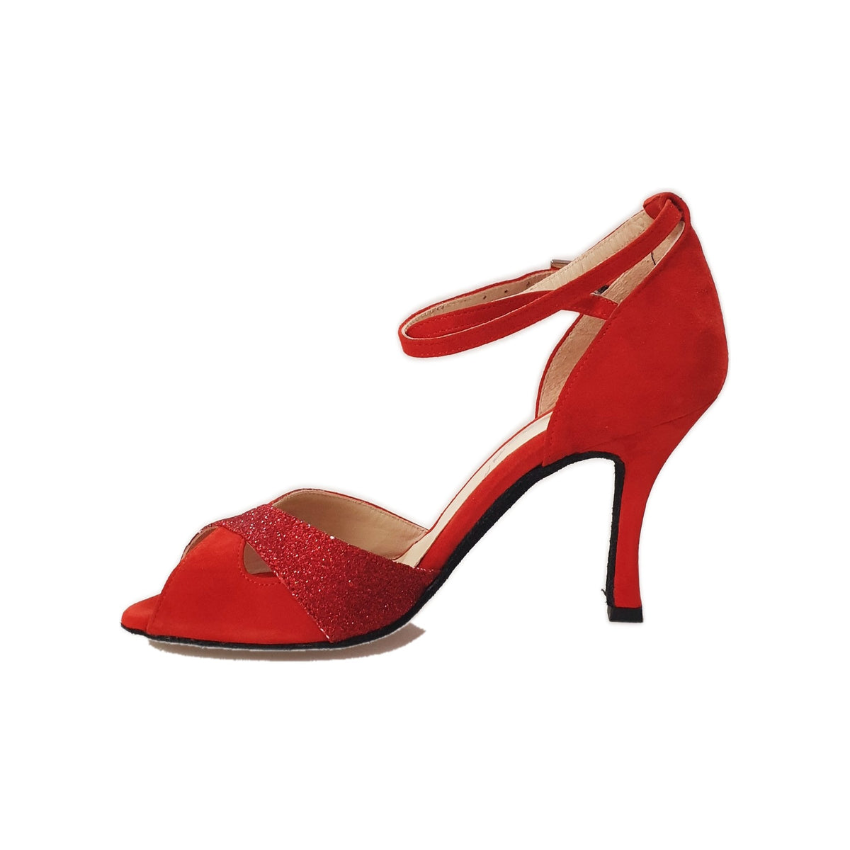 Scarpa in camoscio rosso e glitter rosso di Outlet, elegante e brillante, con dettagli raffinati e suola in gomma.