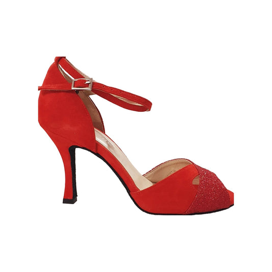 Scarpa in camoscio rosso e glitter rosso Outlet, elegante con dettagli brillanti, ideale per occasioni speciali.
