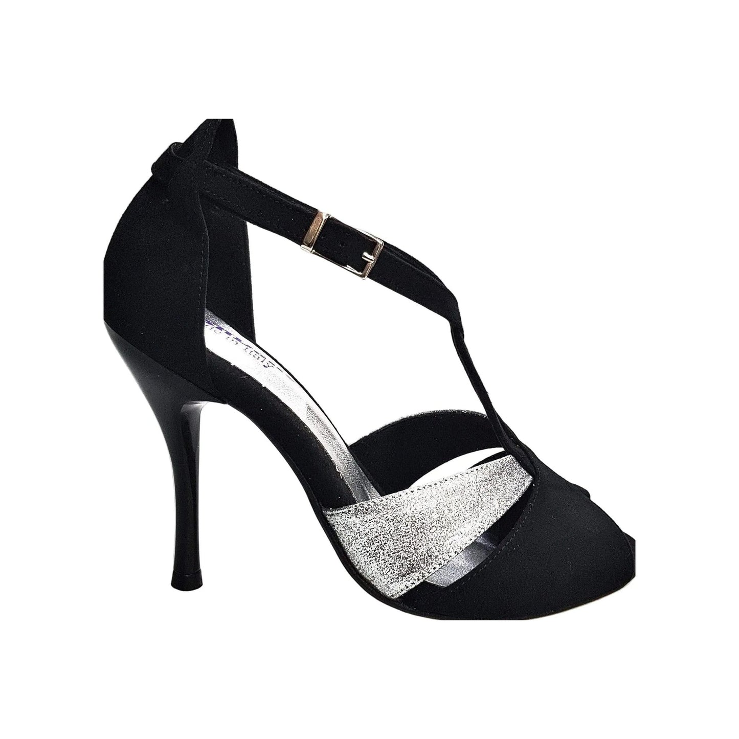 Scarpa da donna Anastasia (403) in camoscio nero con dettagli glitter argento, di Wish Dance Shop, vista frontale.