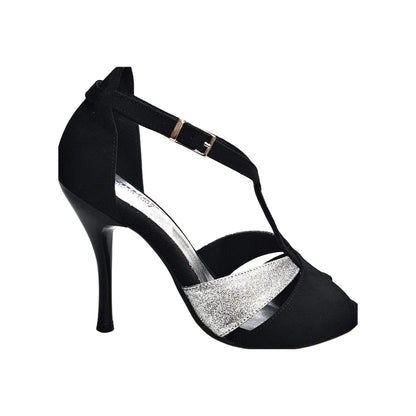 Scarpa da donna Anastasia (403) in camoscio nero con dettagli glitter argento, di Wish Dance Shop, vista frontale.