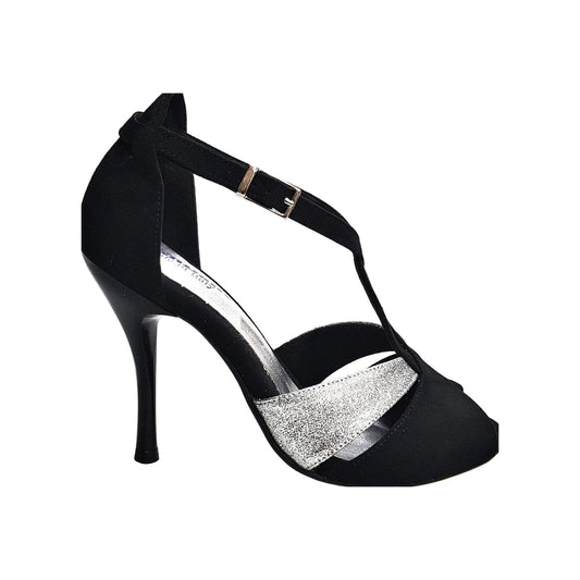 Scarpa da donna Anastasia (403) in camoscio nero con dettagli glitter argento, di Wish Dance Shop, vista frontale.