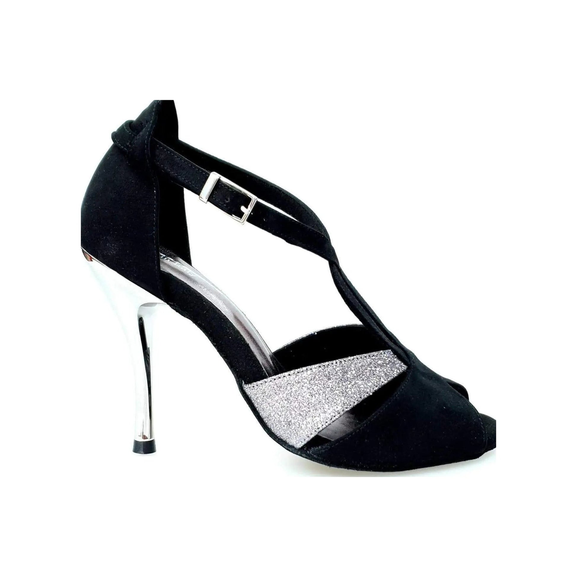 Scarpa da donna Anastasia (403) in camoscio nero e glitter carbon, con suola elegante e design raffinato.