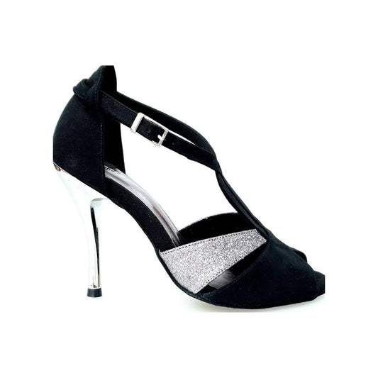 Scarpa da donna Anastasia (403) in camoscio nero e glitter carbon, con suola elegante e design raffinato.