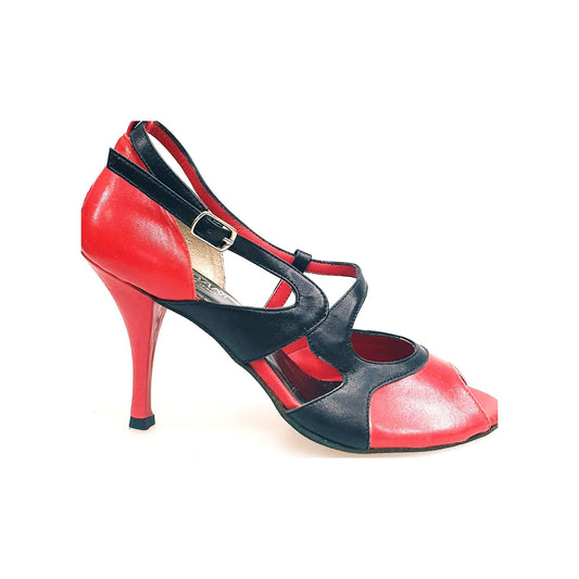 Scarpa da donna Malena Outlet in pelle rossa e nera, elegante e versatile, con dettagli raffinati e suola robusta.