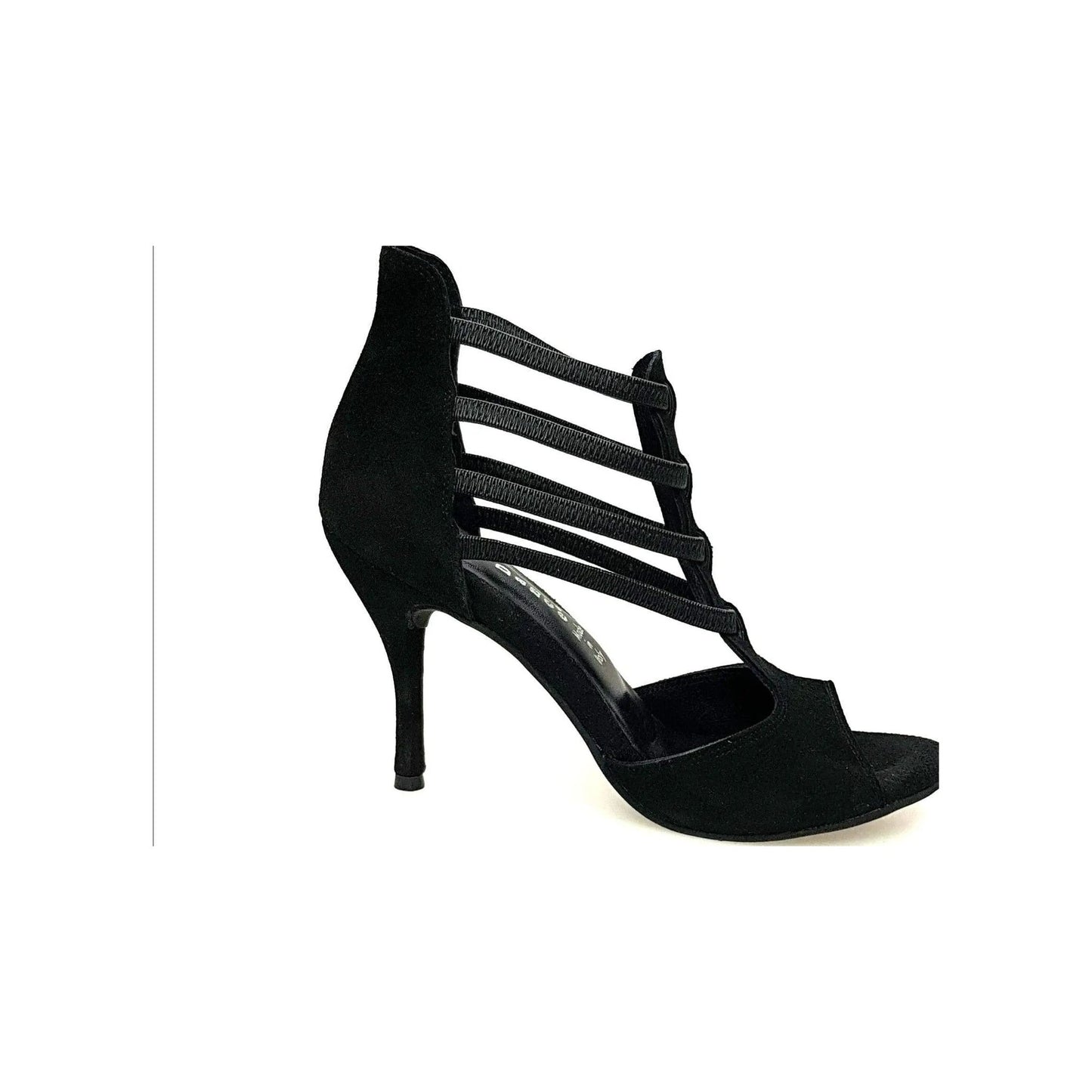 Sandalo donna Lilith (460) in camoscio nero di Wish Dance Shop con tacco a spillo, vista laterale e dettagli eleganti