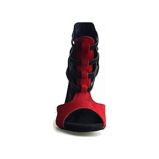 Scarpa Lilith (460) Wish Dance Shop, sandalo donna in cavallino rosso con tacco a spillo nero in camoscio.