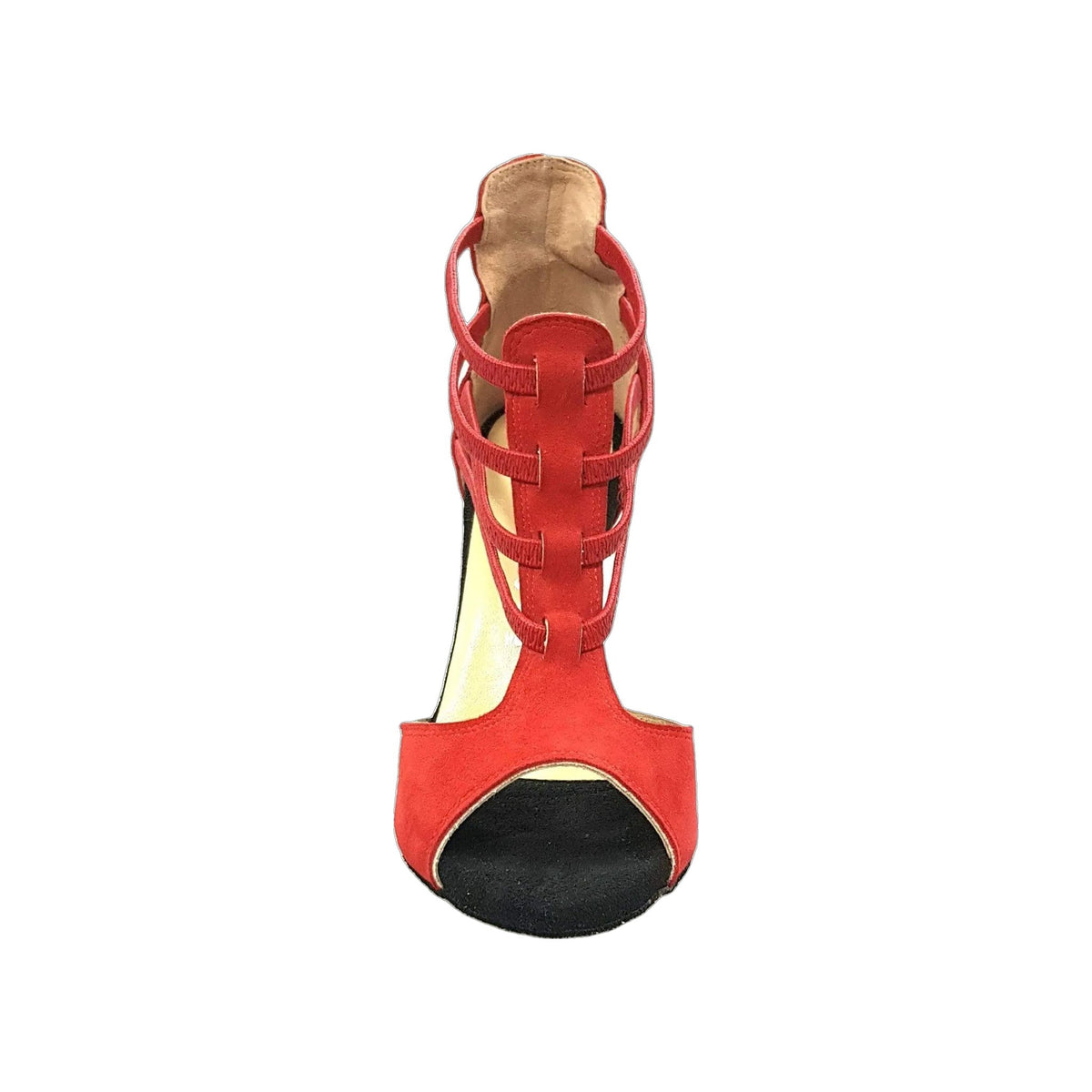 Sandalo da donna Lilith (460) in camoscio rosso con tacco a rocchettino, scarpa Wish Dance Shop, vista frontale.