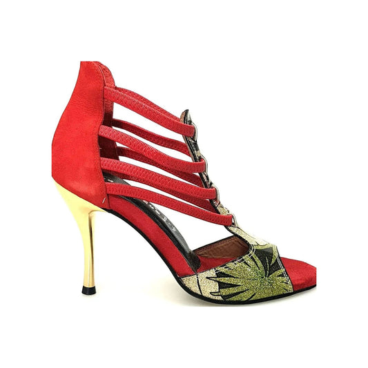 Sandalo donna Lilith Fleur Wish Dance Shop in camoscio rosso con tomaia oro e tacco slim, scarpa elegante e alla moda.
