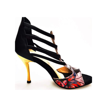 Sandalo da donna Lilith Fleur Wish Dance Shop in pelle nera con tomaia fucsia, elastici neri e tacco slim oro.