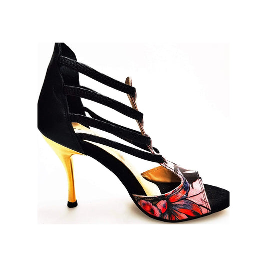Sandalo da donna Lilith Fleur Wish Dance Shop in pelle nera con tomaia fucsia, elastici neri e tacco slim oro.