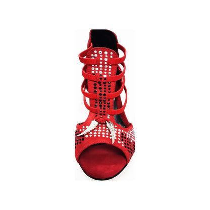 Sandalo da Donna in Camoscio Rosso Con Borchiette Nere/Argento e Zanne in metallo e tacco a spillo rivestito, vista laterale