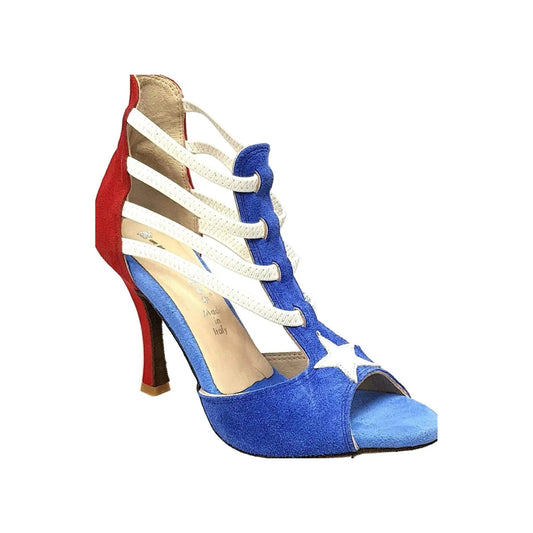 Sandalo da donna Lilith (460) in camoscio blu e rosso, stile bandiera Portorico, brand Wish Dance Shop, vista frontale