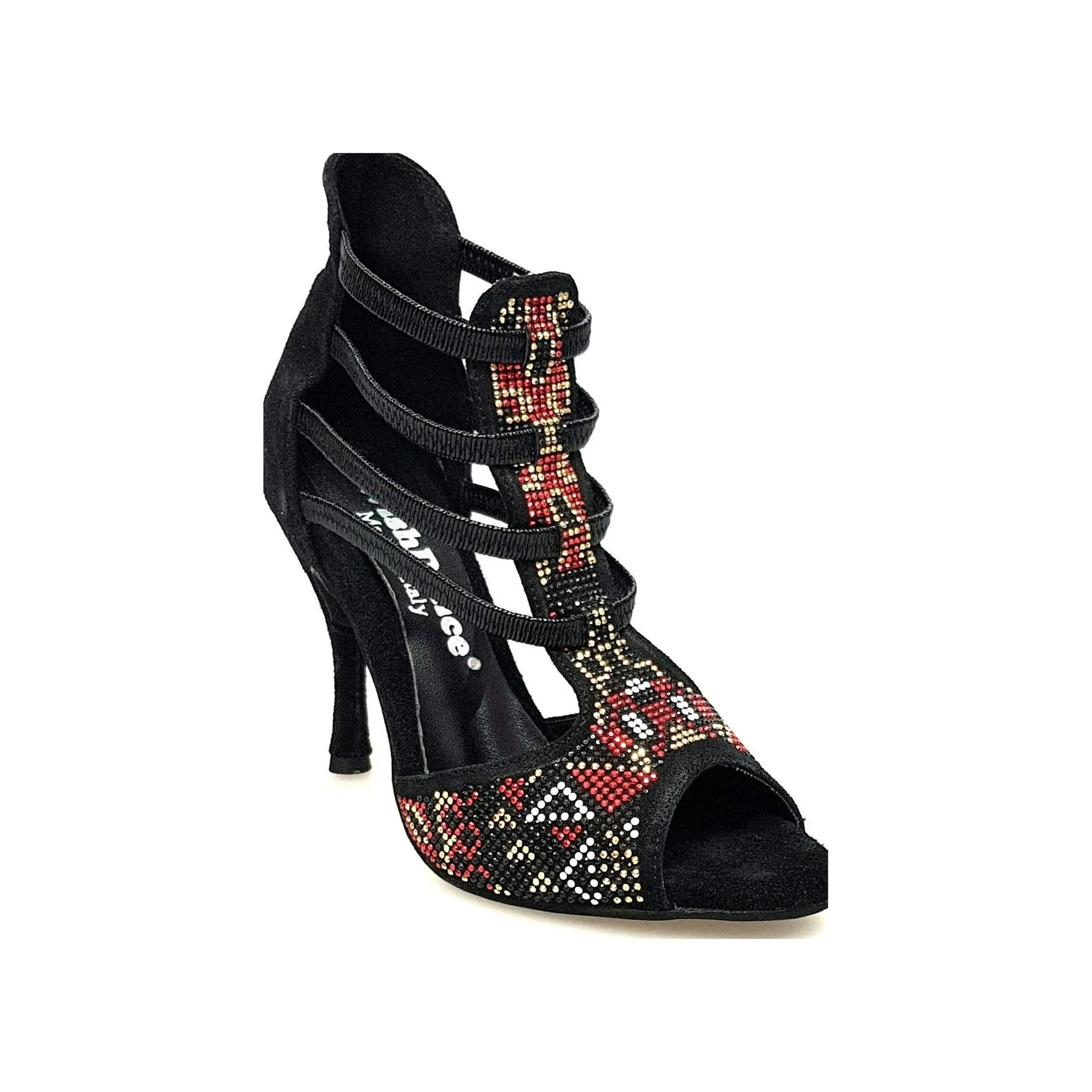 Sandalo da donna Sara Gold 460PW in camoscio nero con dettaglio oro a spillo e rivestimento in camoscio nero.