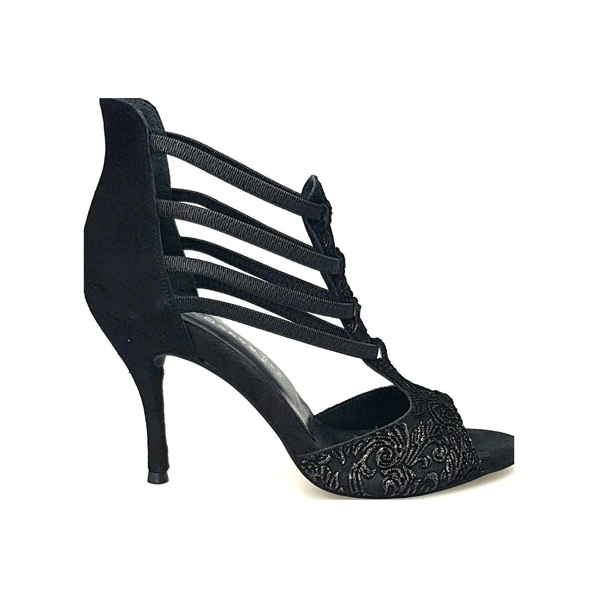 Sandalo donna Lilith (460) con ricamo oro, tallone in camoscio nero, scarpa Wish Dance Shop, elegante e raffinata.
