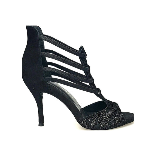 Sandalo donna Lilith (460) con ricamo oro, tallone in camoscio nero, scarpa Wish Dance Shop, elegante e raffinata.