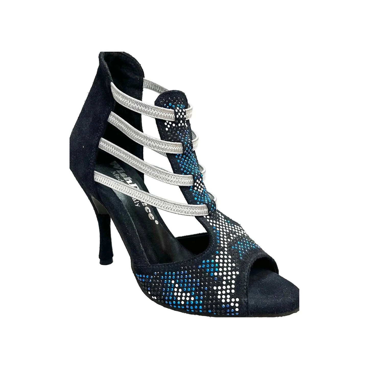 Sandalo da Donna in Camoscio Blu notte Livrea Vipera in borchiette bianche e Nere e Swarovski blu Elastici, vista laterale
