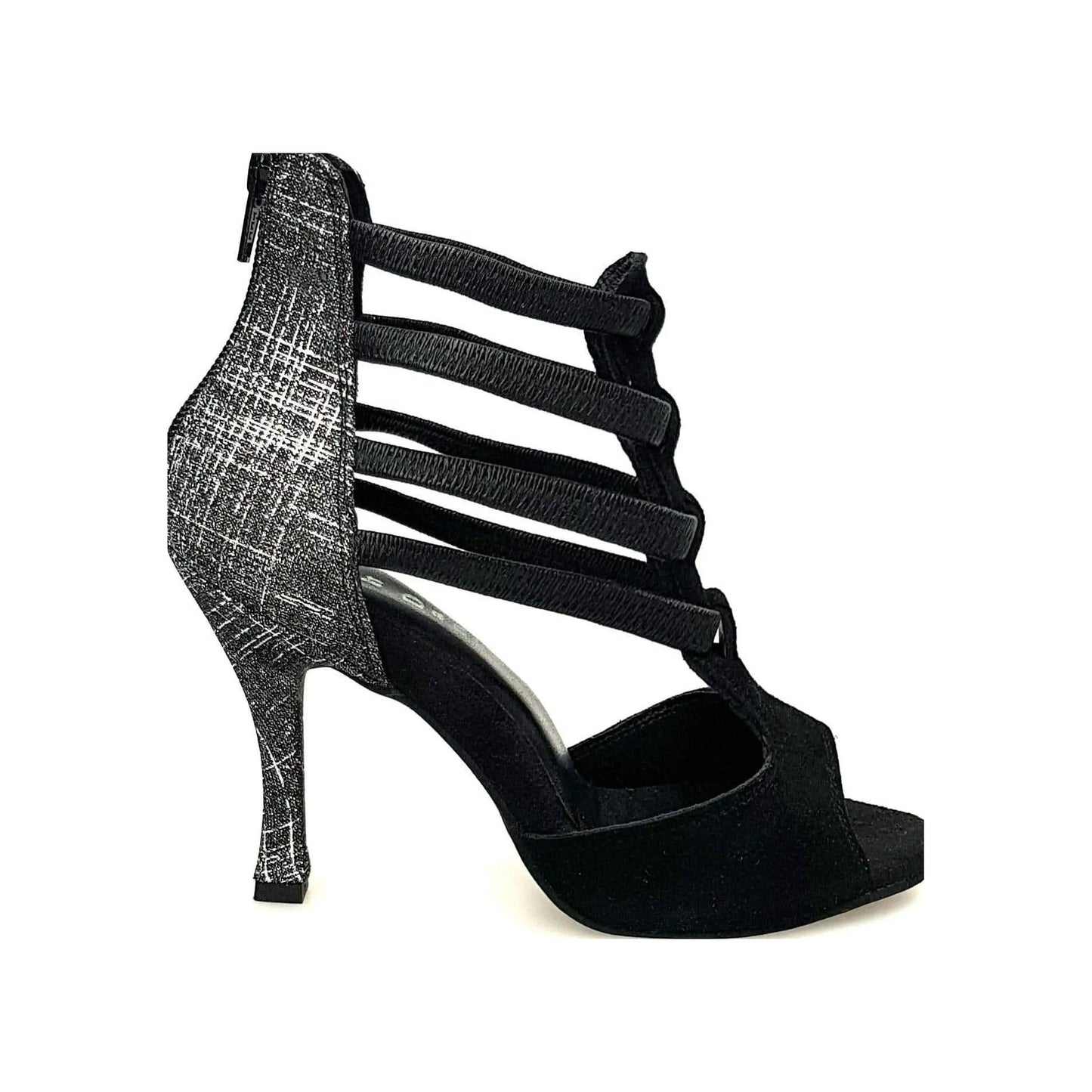 Sandalo donna Lilith Zip in camoscio nero con tacco rivestito in fish carbon, con zip sulla tomaia.
