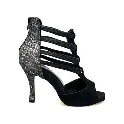 Sandalo donna Lilith Zip in camoscio nero con tacco rivestito in fish carbon, con zip sulla tomaia.