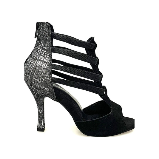 Sandalo donna Lilith Zip in camoscio nero con tacco rivestito in fish carbon, con zip sulla tomaia.