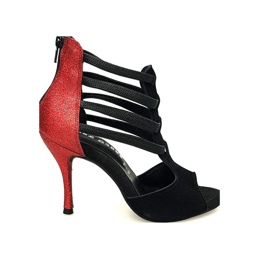 Sandalo donna Lilith Zip in camoscio nero con tacco e dettaglio glitter rosso, scarpa Wish Dance Shop elegante e alla moda.