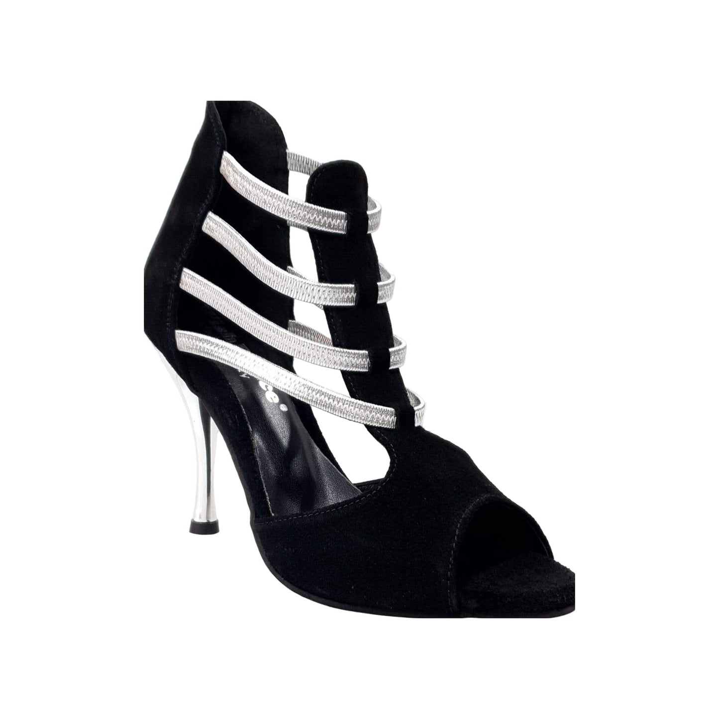 Sandalo Tatyana Wish Dance Shop in camoscio nero con elastici argento e tacco a spillo laminato argentato.