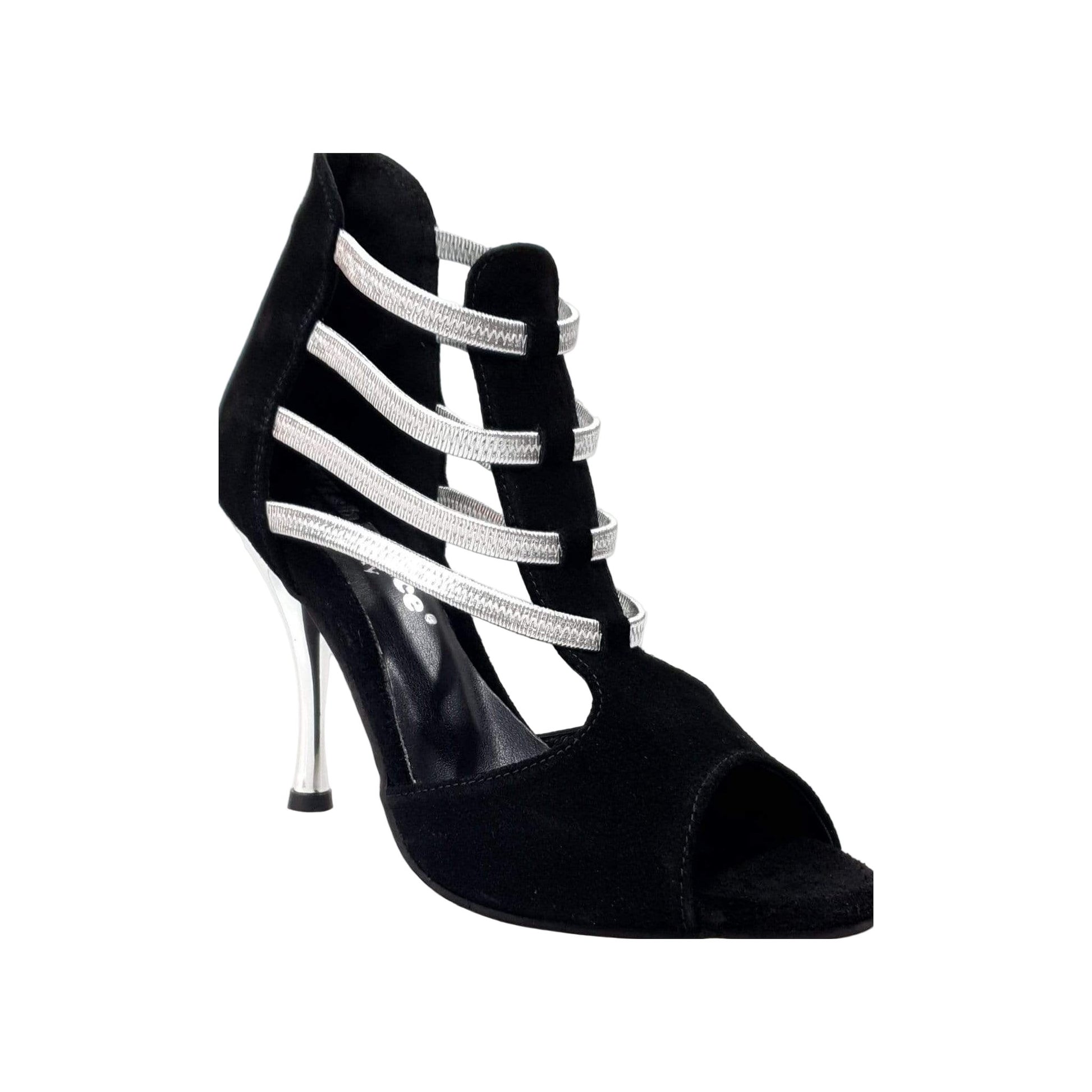 Sandalo Tatyana Wish Dance Shop in camoscio nero con elastici argento e tacco a spillo laminato argentato.