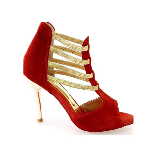Sandalo donna Diabla Oro in camoscio rosso con elastici oro e tacco a spillo laminato oro, scarpa elegante Wish Dance Shop
