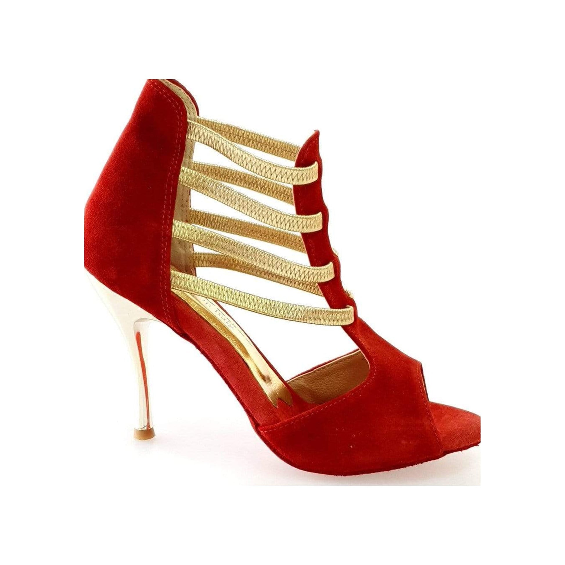 Sandalo donna Diabla Oro in camoscio rosso con elastici oro e tacco a spillo laminato oro, scarpa elegante Wish Dance Shop
