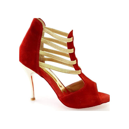 Sandalo donna Diabla Oro in camoscio rosso con elastici oro e tacco a spillo laminato oro, scarpa elegante Wish Dance Shop