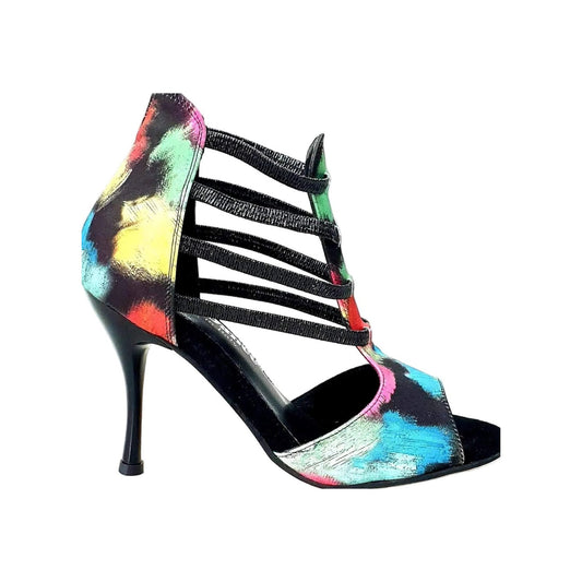 Sandalo da donna Iris Fantasy (460PW) di Wish Dance Shop, tessuto Picasso nero con elastici e tacco a spillo smaltato nero.
