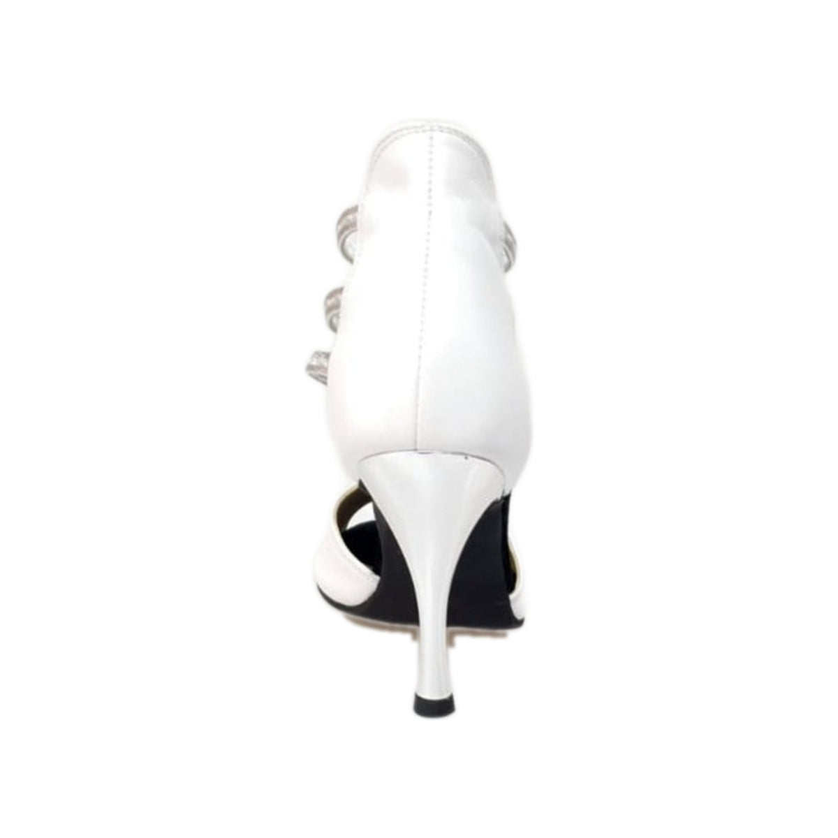 Sandalo da donna MILITE Silver in pelle bianca con elastici argento e tacco a spillo laminato argento, scarpa Wish Dance Shop