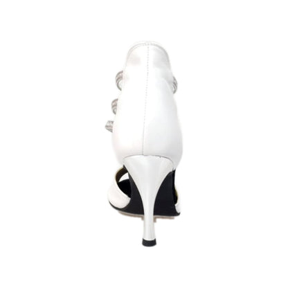 Sandalo da donna MILITE Silver in pelle bianca con elastici argento e tacco a spillo laminato argento, scarpa Wish Dance Shop