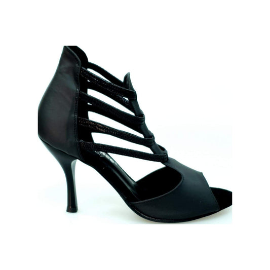 Scarpa Panther Black (460PW) Wish Dance Shop, sandalo in pelle nera con elastici neri e tacco a stiletto smaltato nero