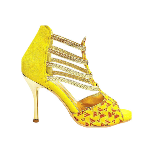 Sandalo donna JIRAF Lime (460PW) in camoscio giallo con elastici oro, dettagli in glitter oro e tacco a spillo laminato oro.
