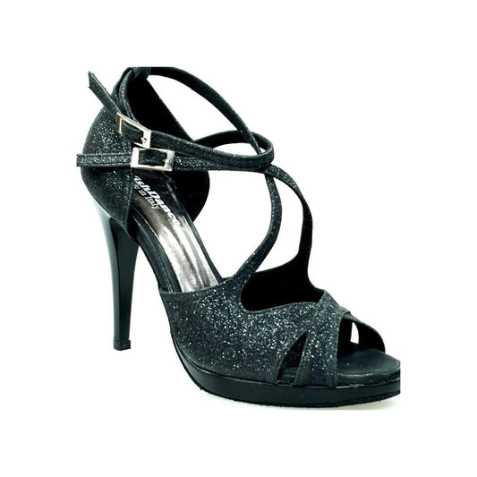 Scarpa in Glitter nero e Vernice Nera Doppio Cinturino cavigle e collopiede Brenda Night Wish Dance, vista laterale