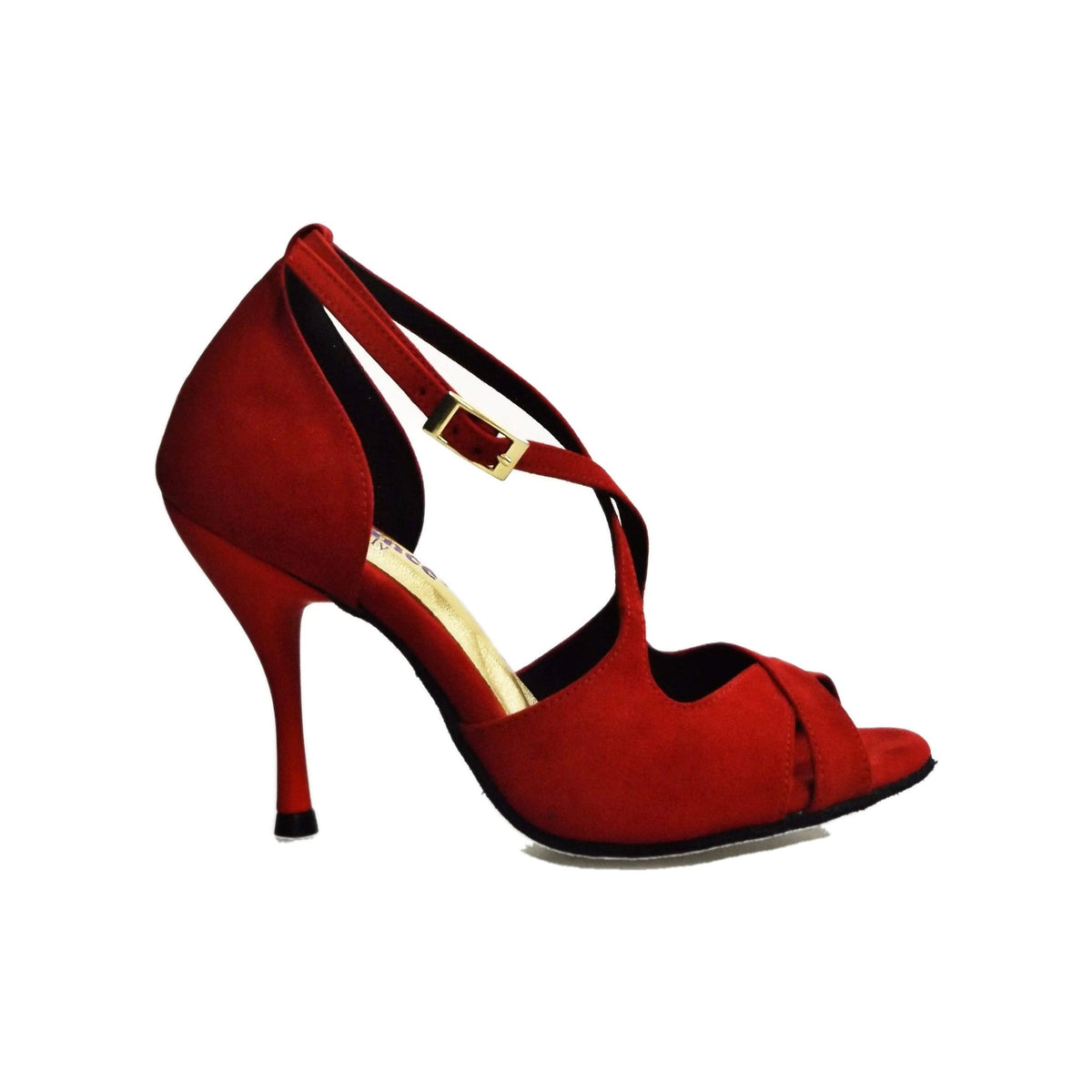 Sandalo donna Athena (486) in morbido camoscio rosso con tacco slim, scarpa elegante Wish Dance Shop, vista frontale.