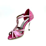 Load image into Gallery viewer, CAMILA Superb (accollata) L13 - Scarpa da Ballo in Raso Seta Rosa Fuxia con Swarovski Bore ali e Tacco a Spillo Laminato Argento
