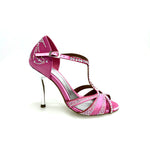 Load image into Gallery viewer, CAMILA Superb (accollata) L13 - Scarpa da Ballo in Raso Seta Rosa Fuxia con Swarovski Bore ali e Tacco a Spillo Laminato Argento
