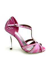 Carica immagine nella Galleria, CAMILA Superb (accollata) L13 - Scarpa da Ballo in Raso Seta Rosa Fuxia con Swarovski Bore ali e Tacco a Spillo Laminato Argento
